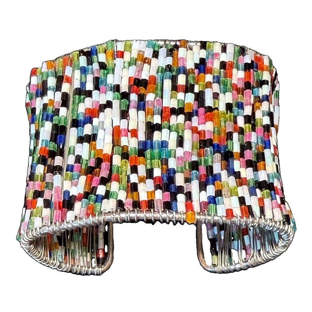 Multi Color Stretch Metal Open Cuff Bracelet Artisan Made Seed Bead Handwoven